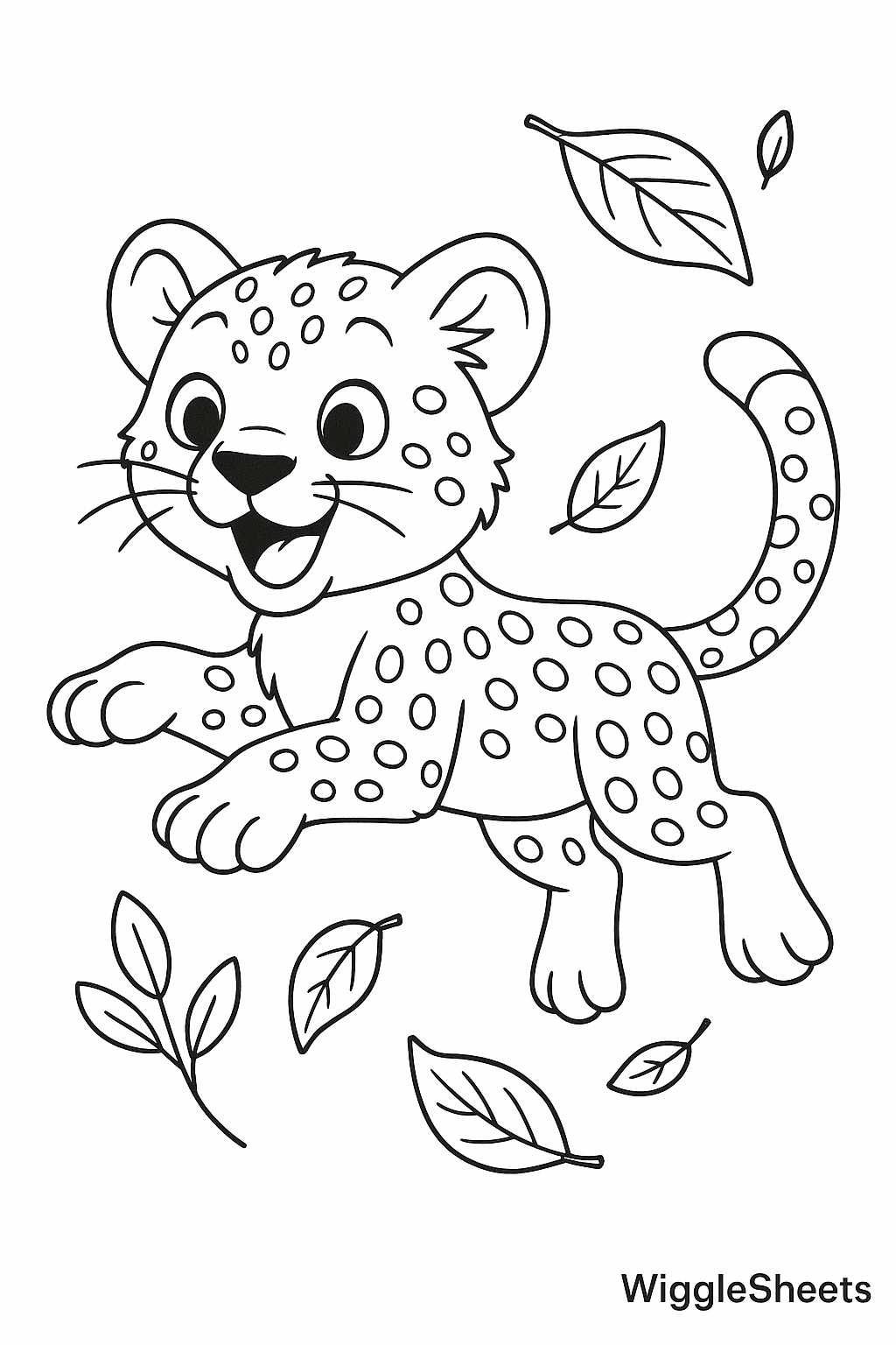 Baby Cheetah Leaf Pile Coloring Page