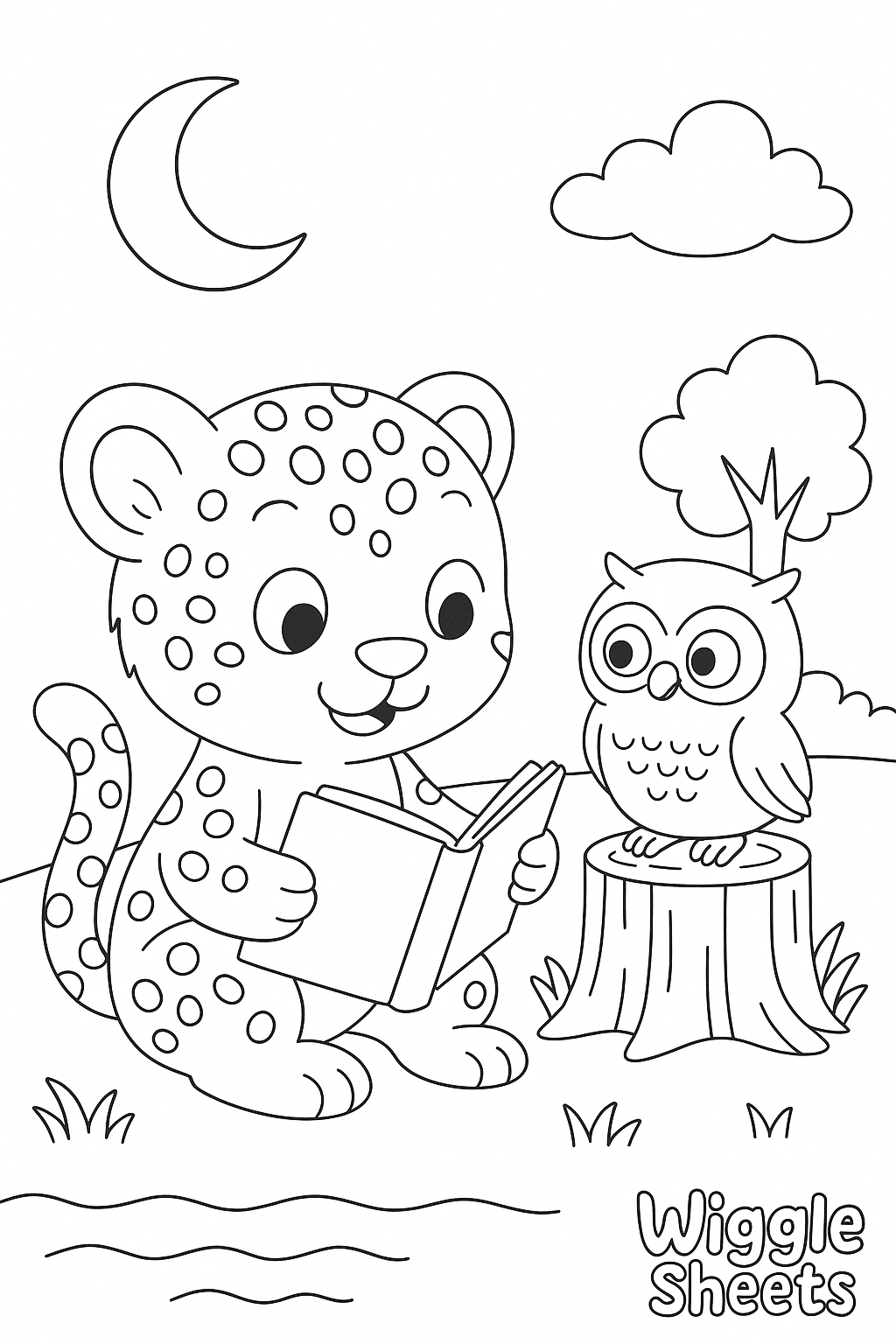 Baby Cheetah Owl Storytime Coloring Page