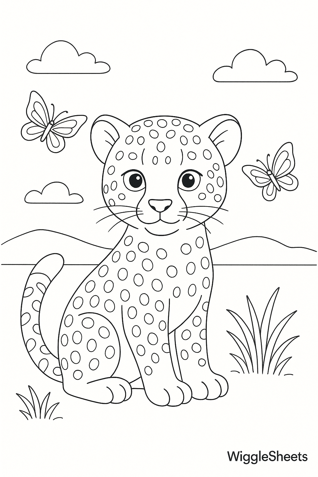 Baby Cheetah and Butterflies Coloring Page