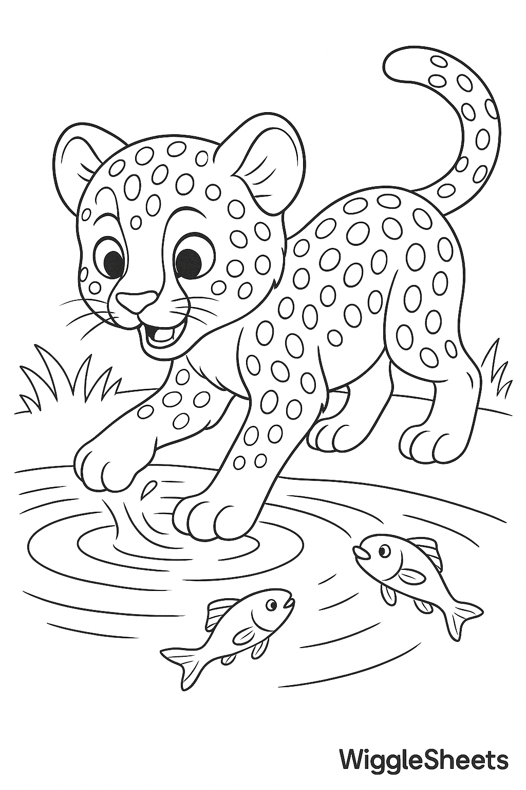 Cheetah Cub Water Splash Coloring Page