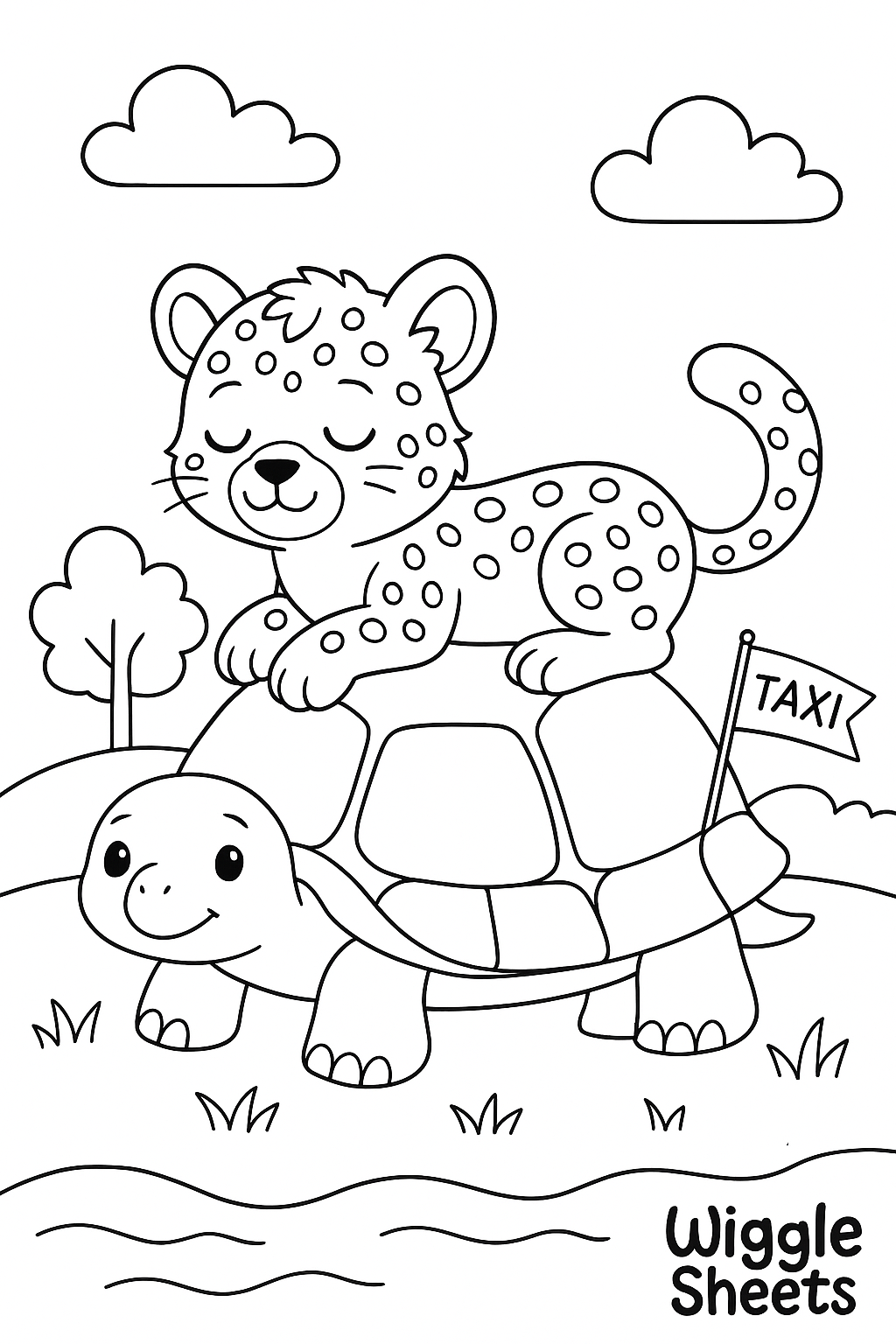 Cute Baby Cheetah Turtle Taxi Coloring Page