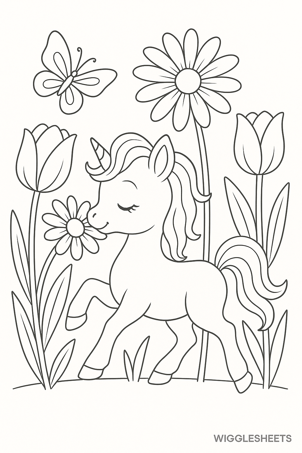 Baby Unicorn Flower Meadow Coloring Page