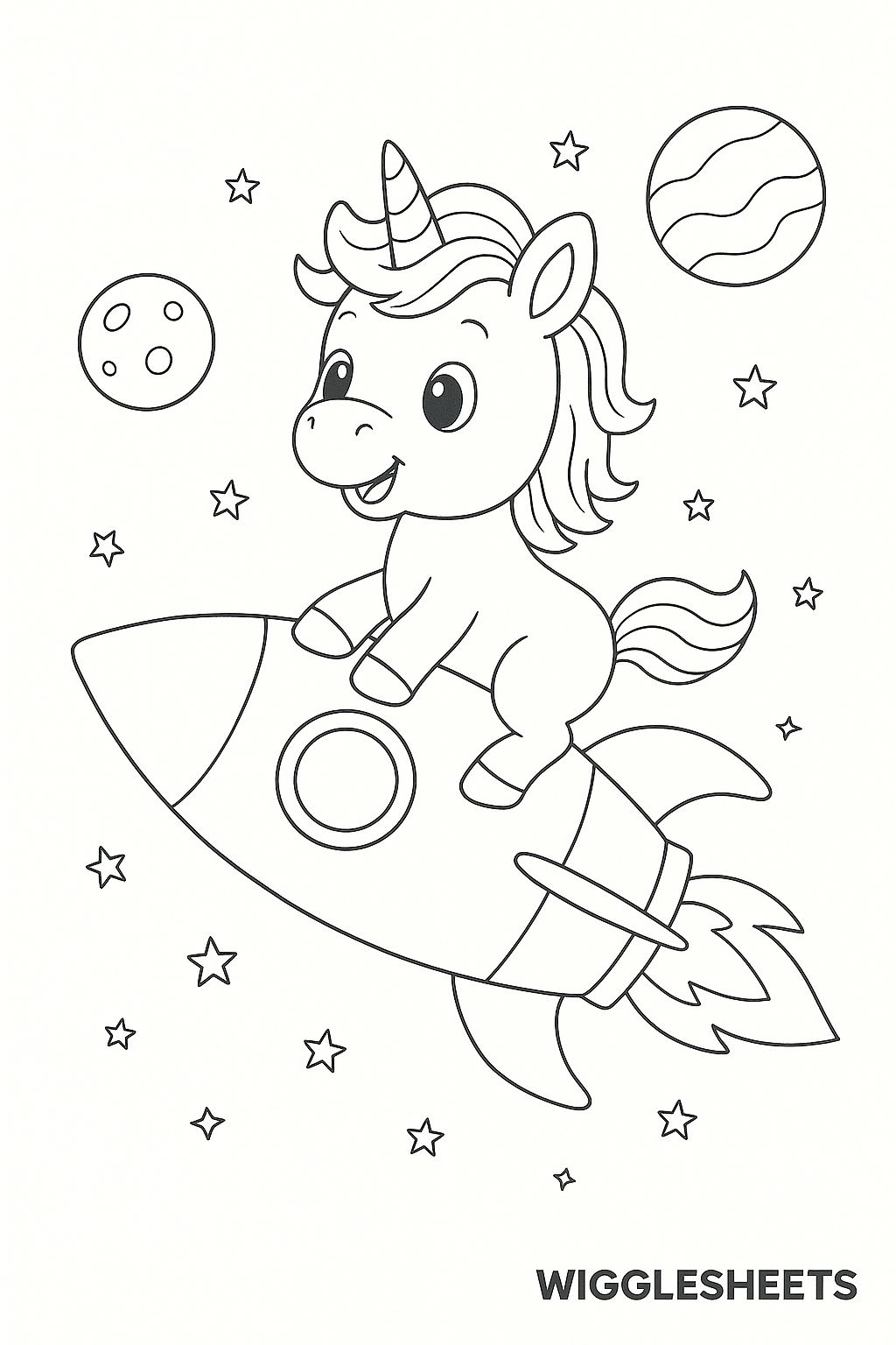 Baby Unicorn Rocket Ride Coloring Page