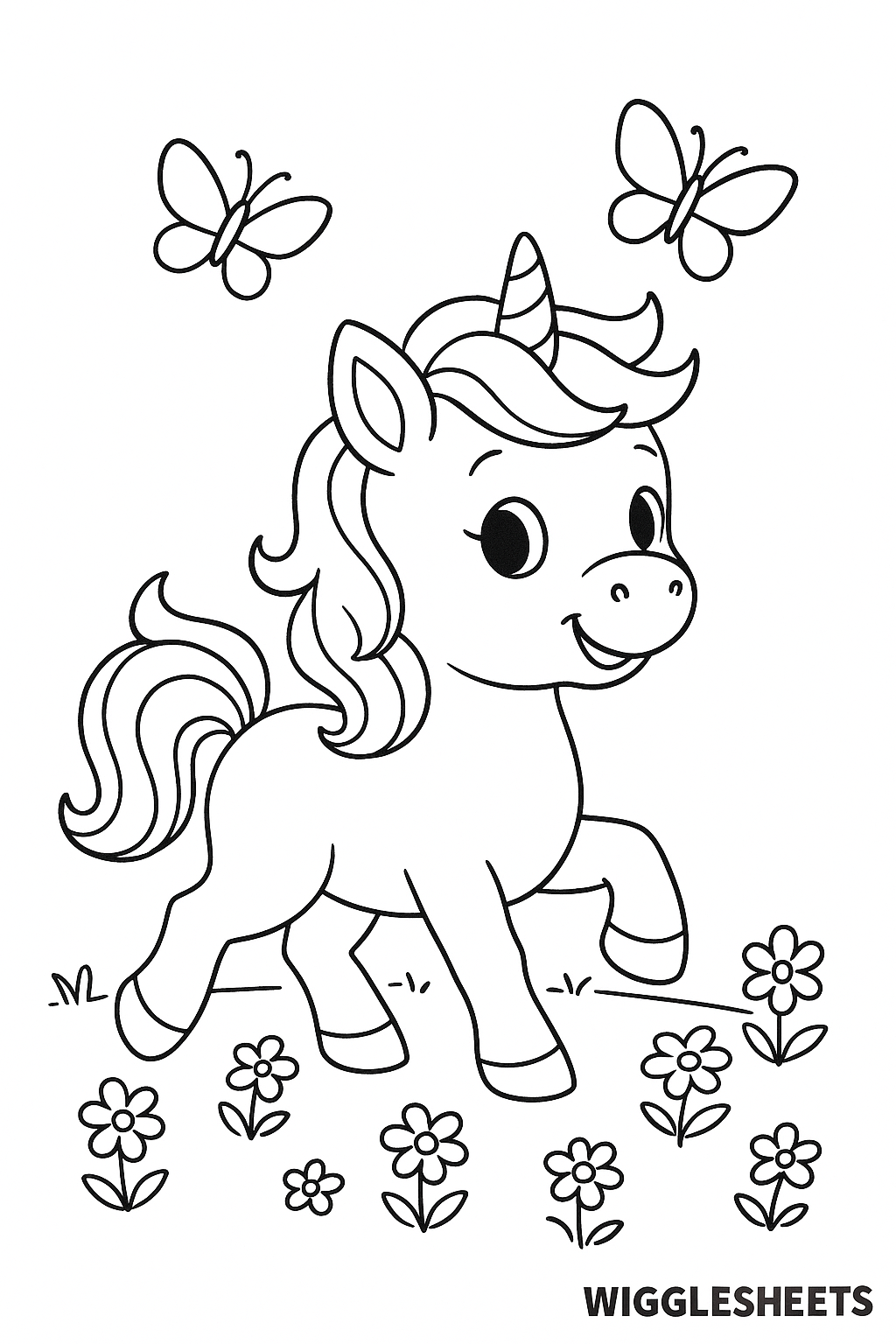 Cute Baby Unicorn Butterfly Garden Coloring Page