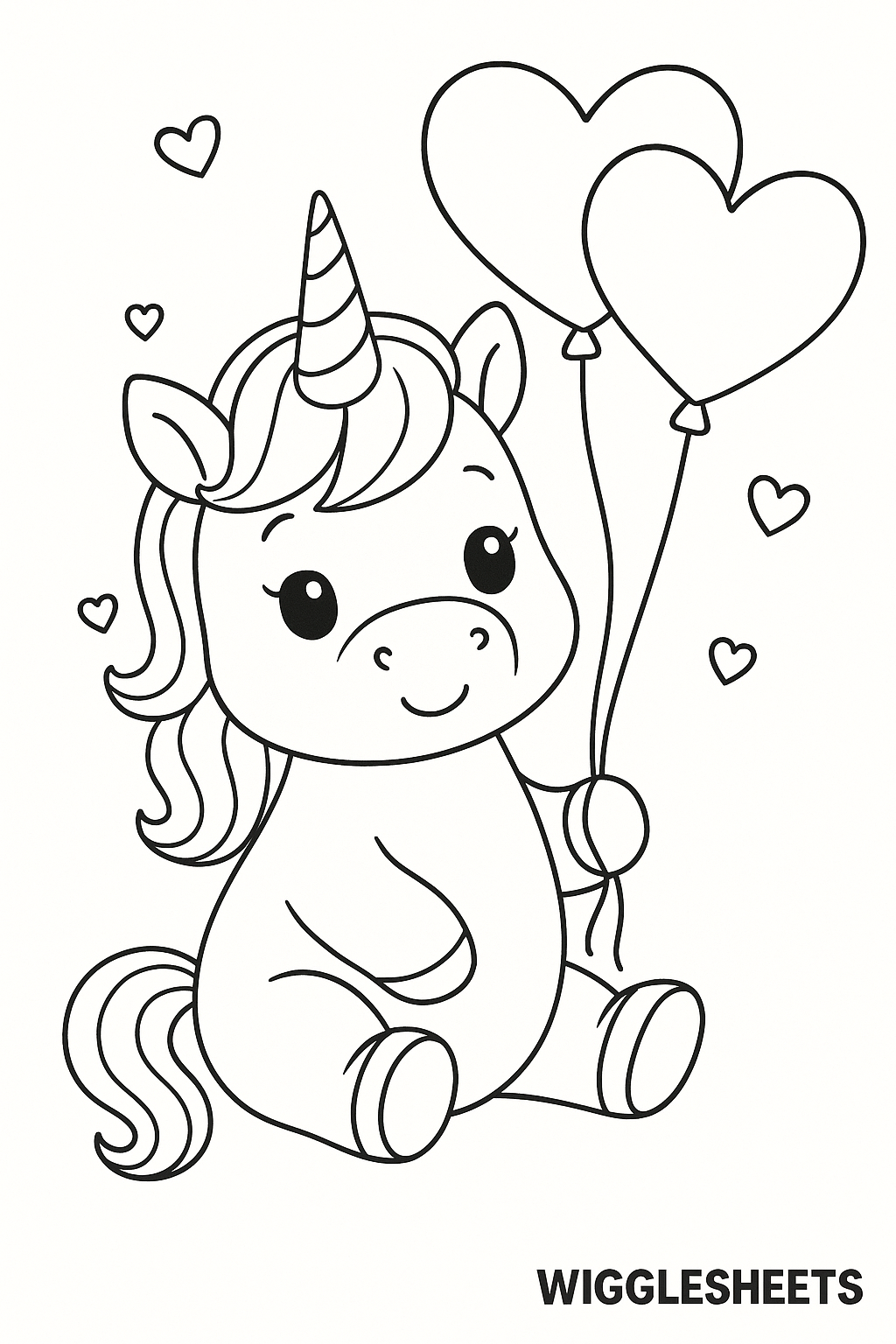 Cute Baby Unicorn Heart Balloons Coloring Page