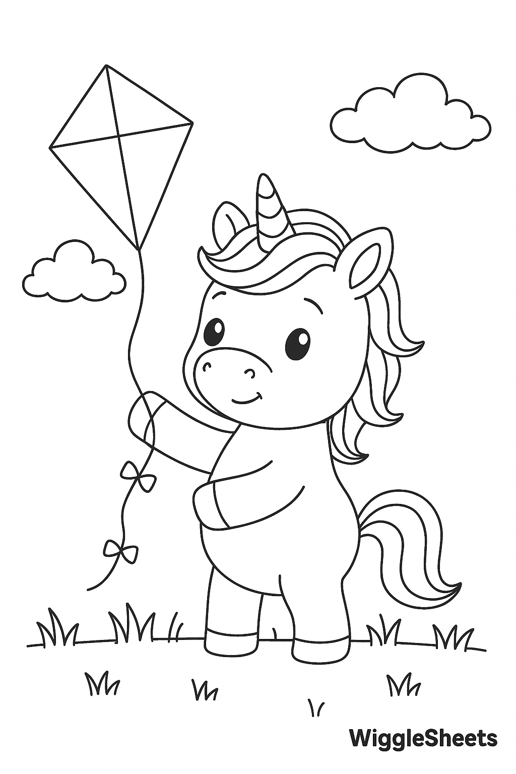 Cute Baby Unicorn Kite Adventure Coloring Page