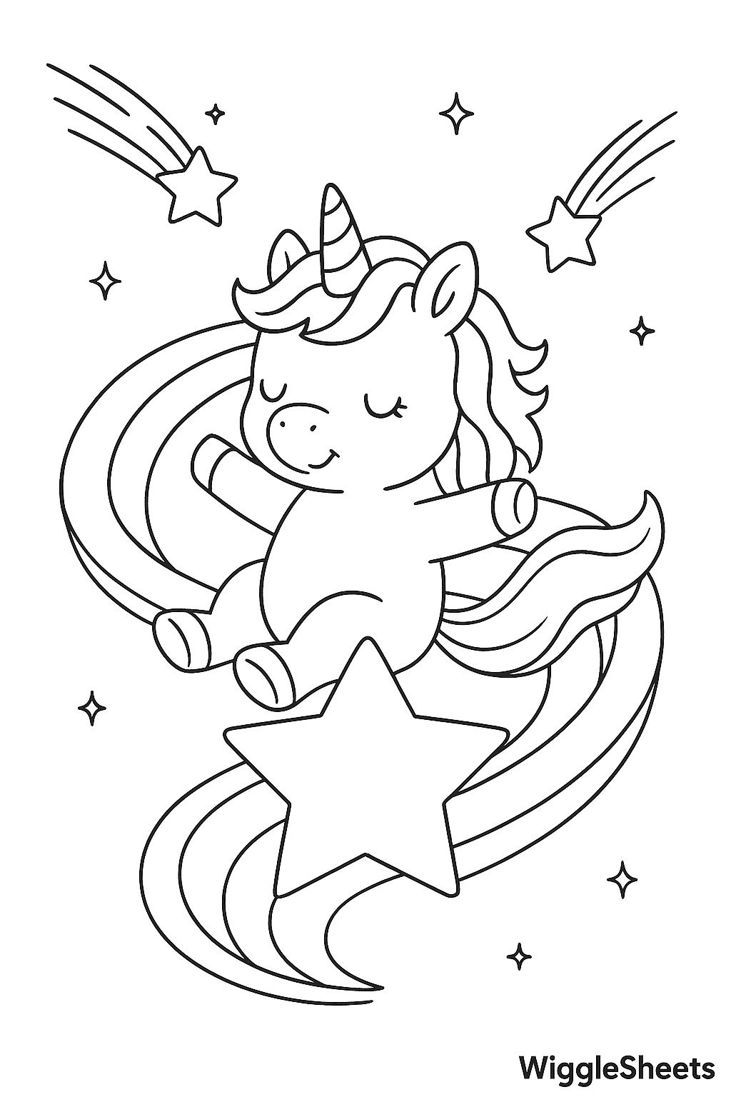 Fluffy Baby Unicorn Starry Slide Coloring Page
