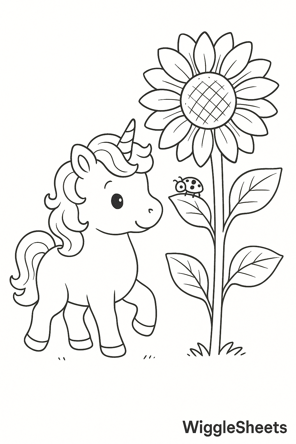 Fluffy Baby Unicorn Sunflower Stroll Coloring Page