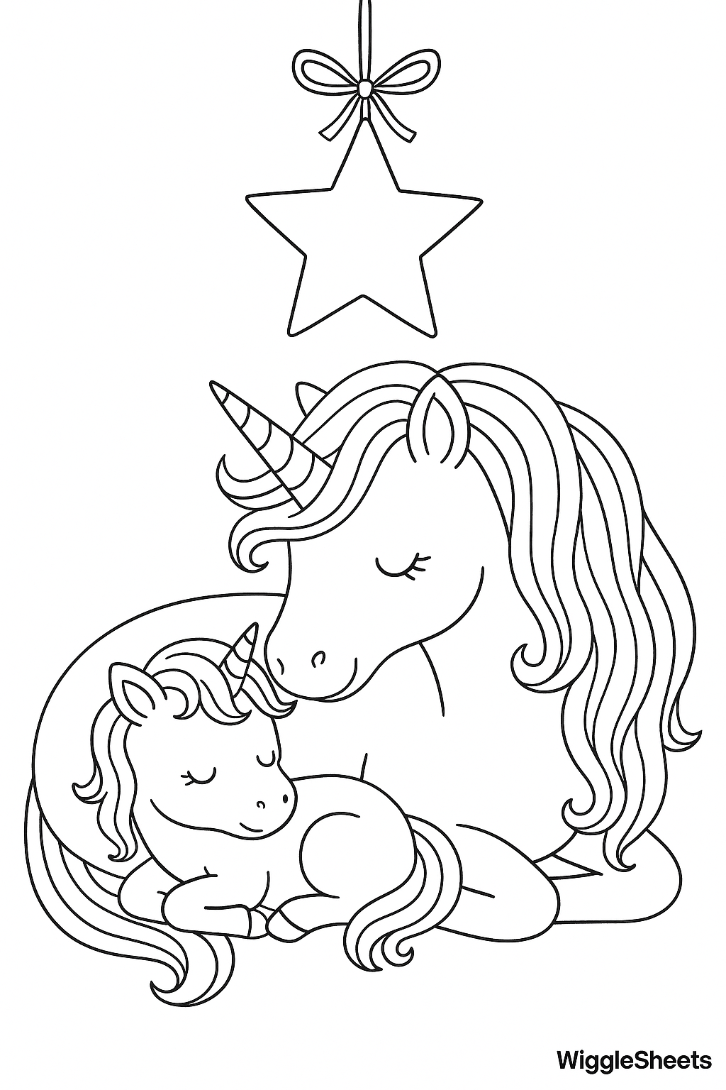 Mom and Baby Unicorn Starry Nap Coloring Page