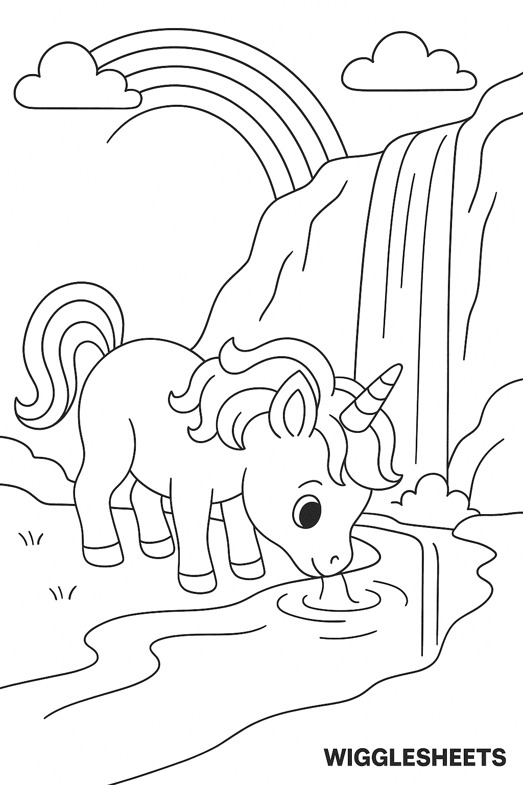 Rainbow Guides Baby Unicorn Waterfall Coloring Page