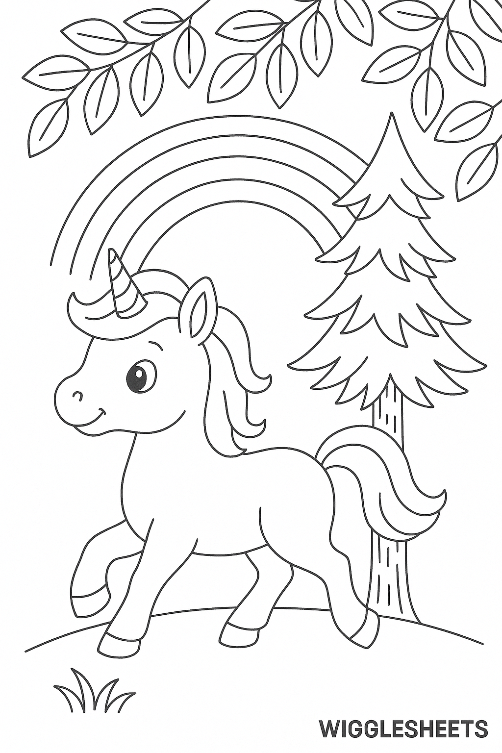 Rainbow Leads Baby Unicorn Forest Trail Coloring Page