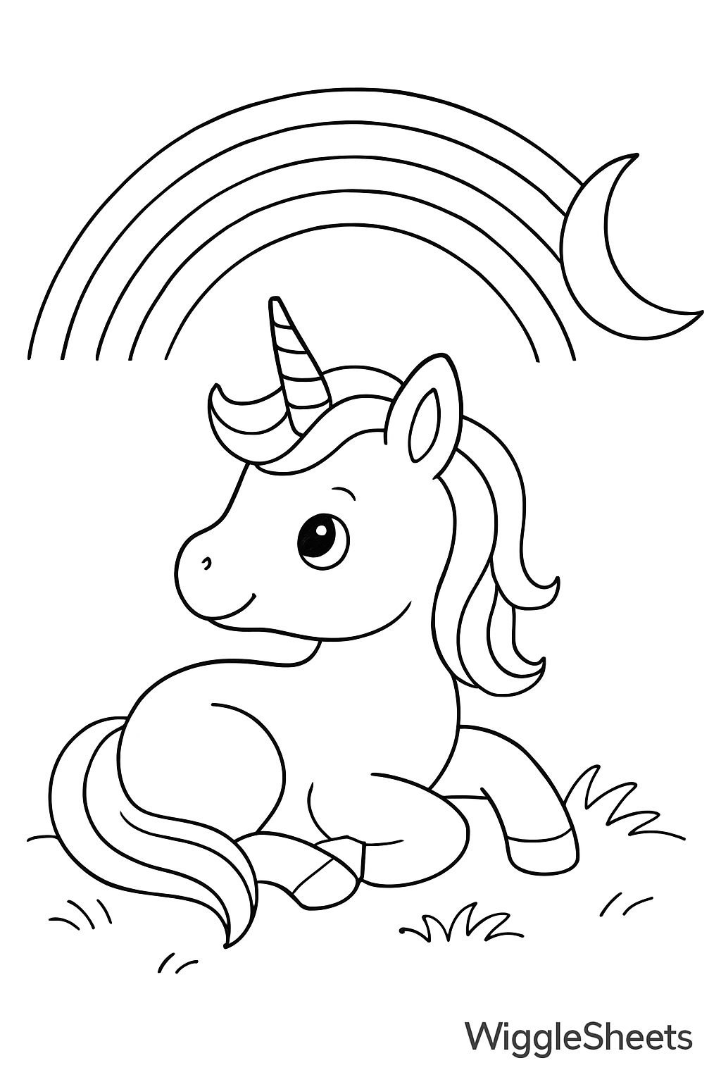 Rainbow Lights Baby Unicorn Moon Scene Coloring Page