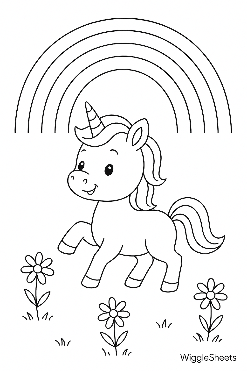 Rainbow Over Baby Unicorn Meadow Coloring Page