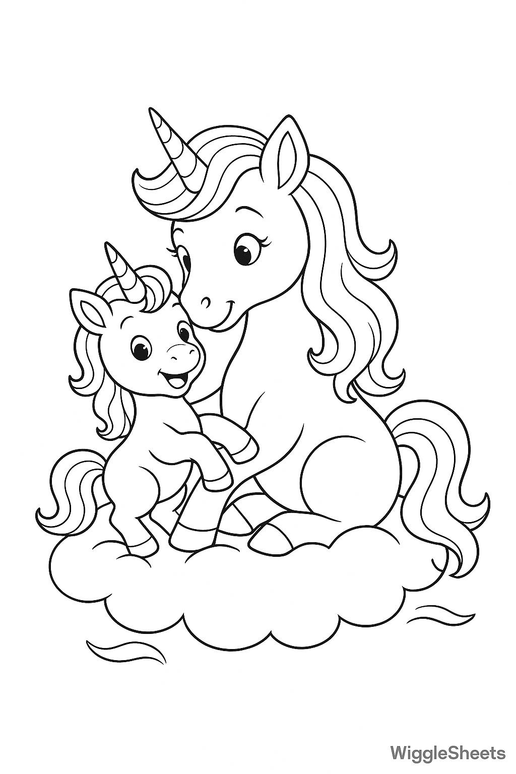 Mom and Baby Unicorn Cloud Ride Coloring Page