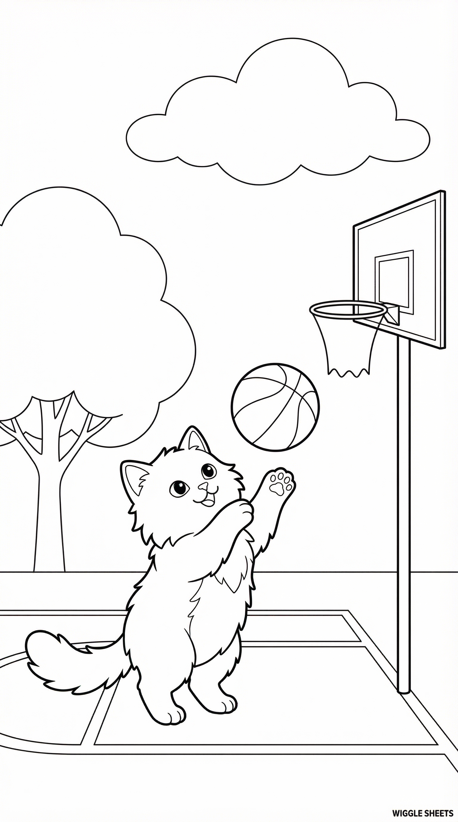 Cute Cat Shooting a Basketball into the Hoop Coloring Page