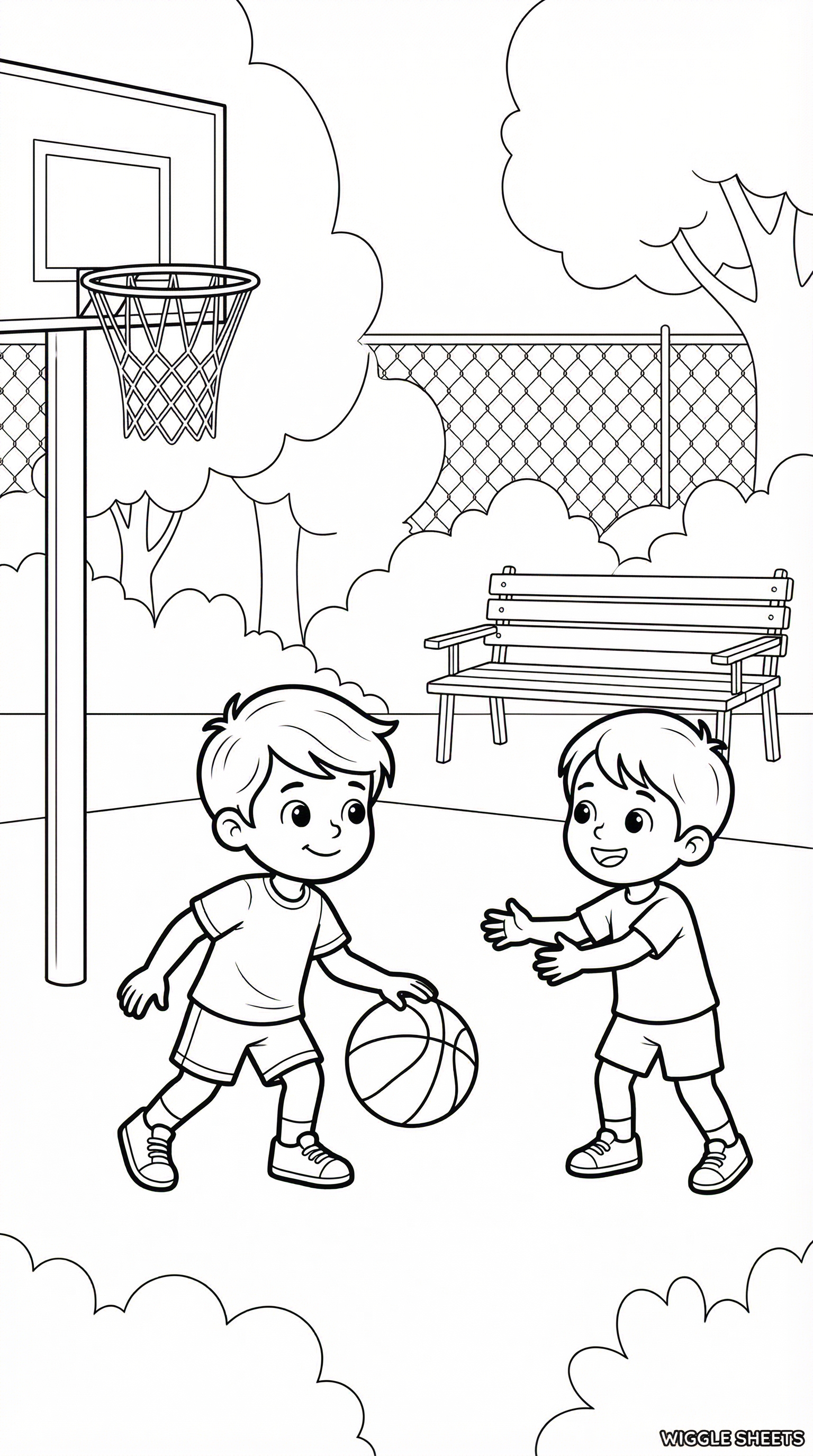 Cute Kids Playing Basketball Coloring Page