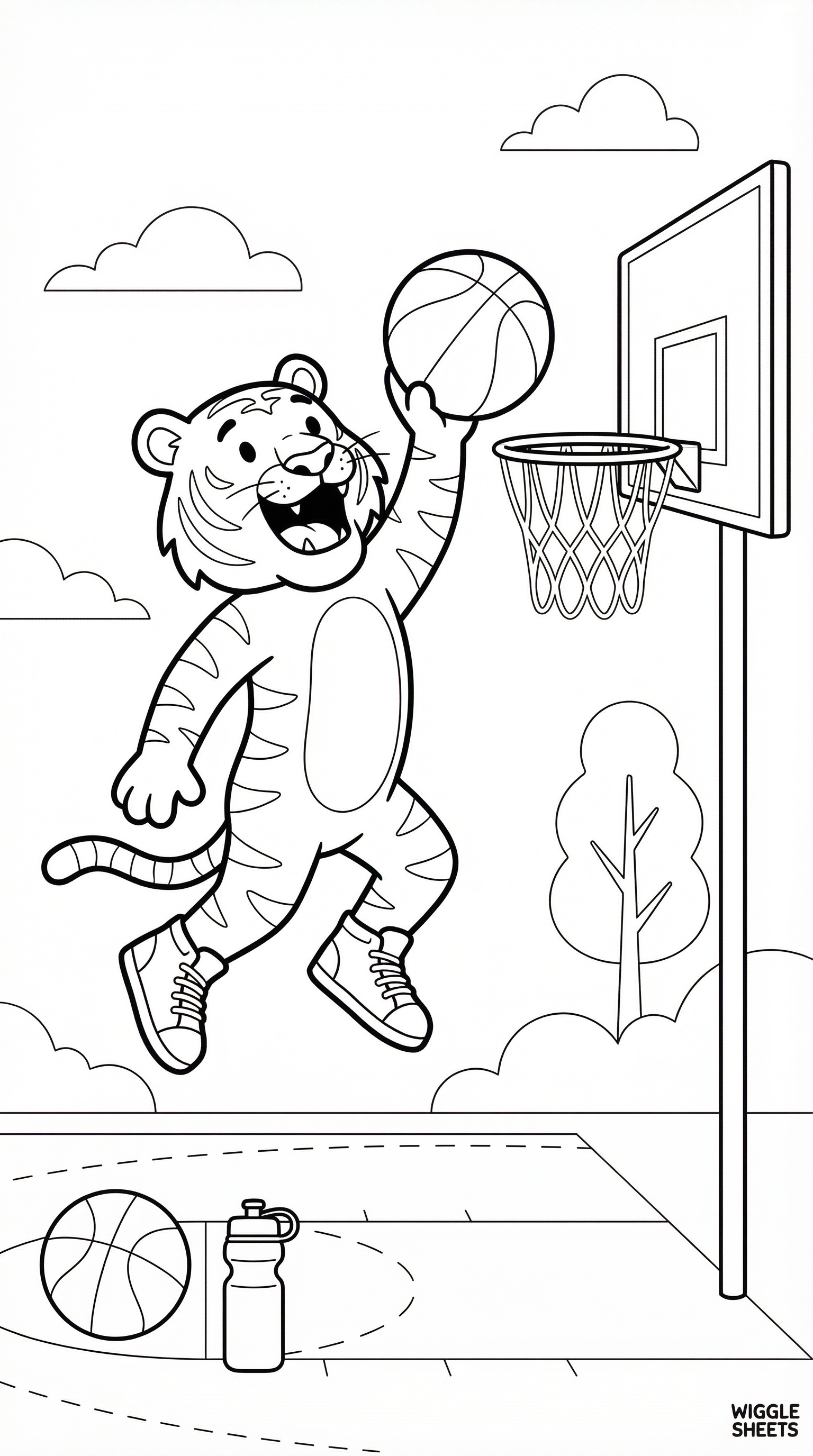 Cute Tiger Shooting a Basketball into the Hoop Coloring Page