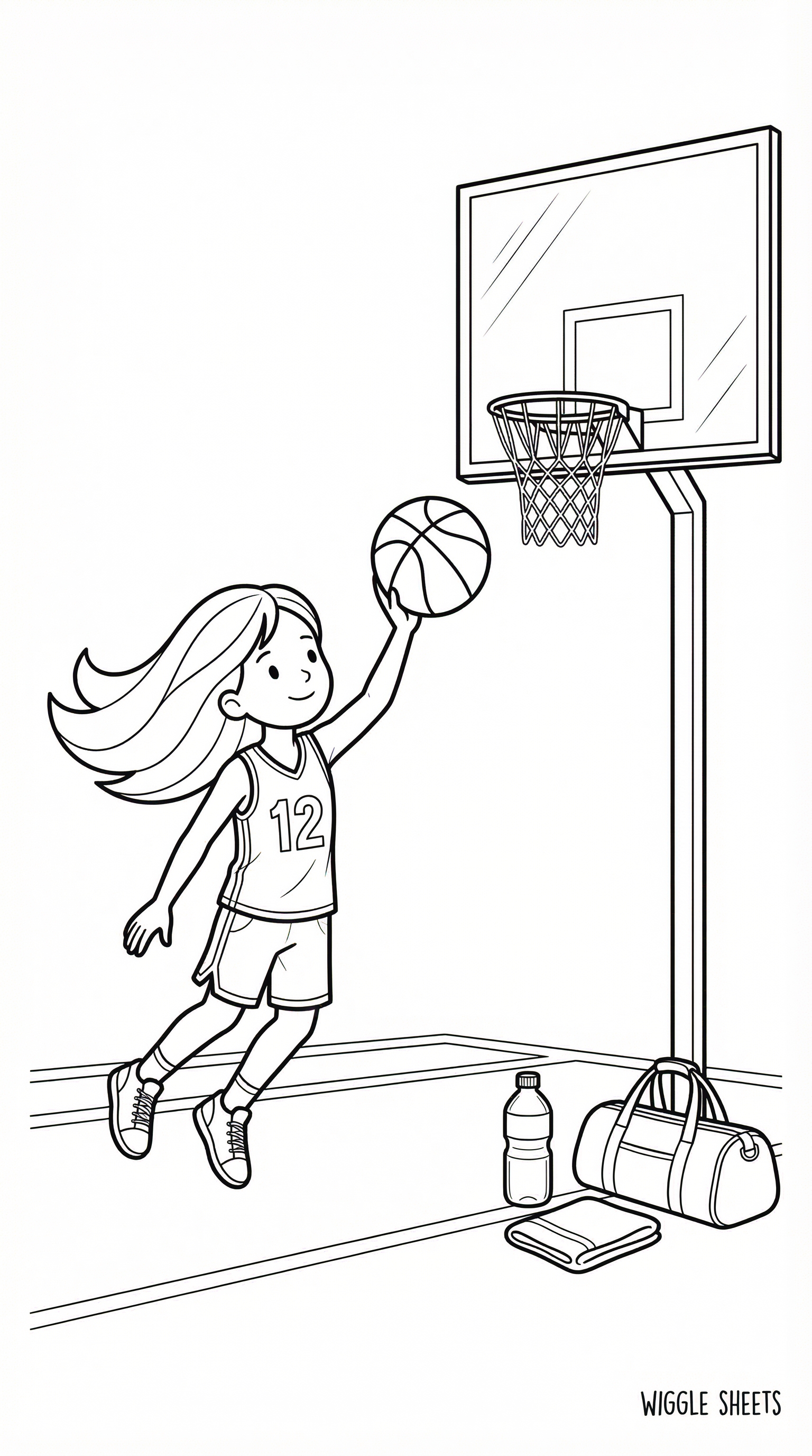 Girl Shooting a Basketball into the Hoop Coloring Page