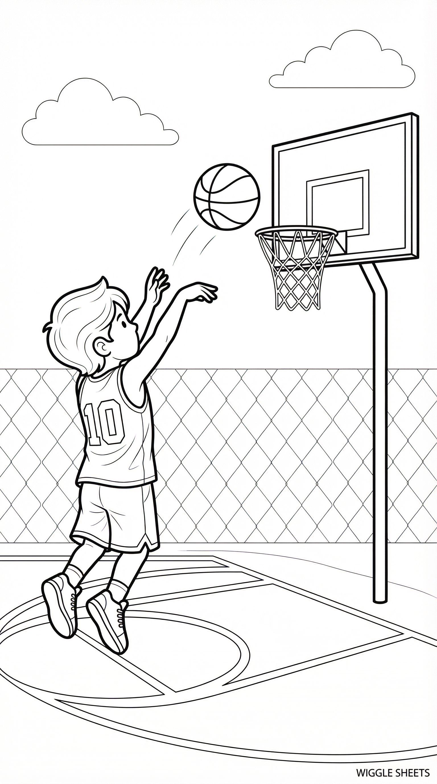 Kid Shooting a Basketball into the Hoop Coloring Page