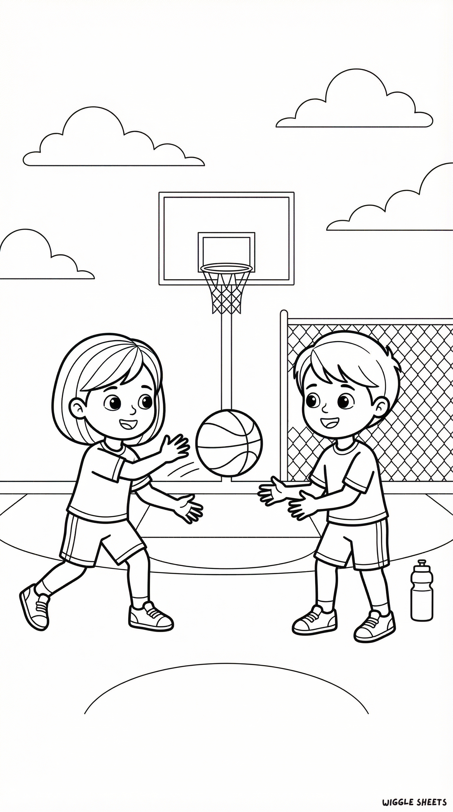 Two kids passing the basketball Coloring Page