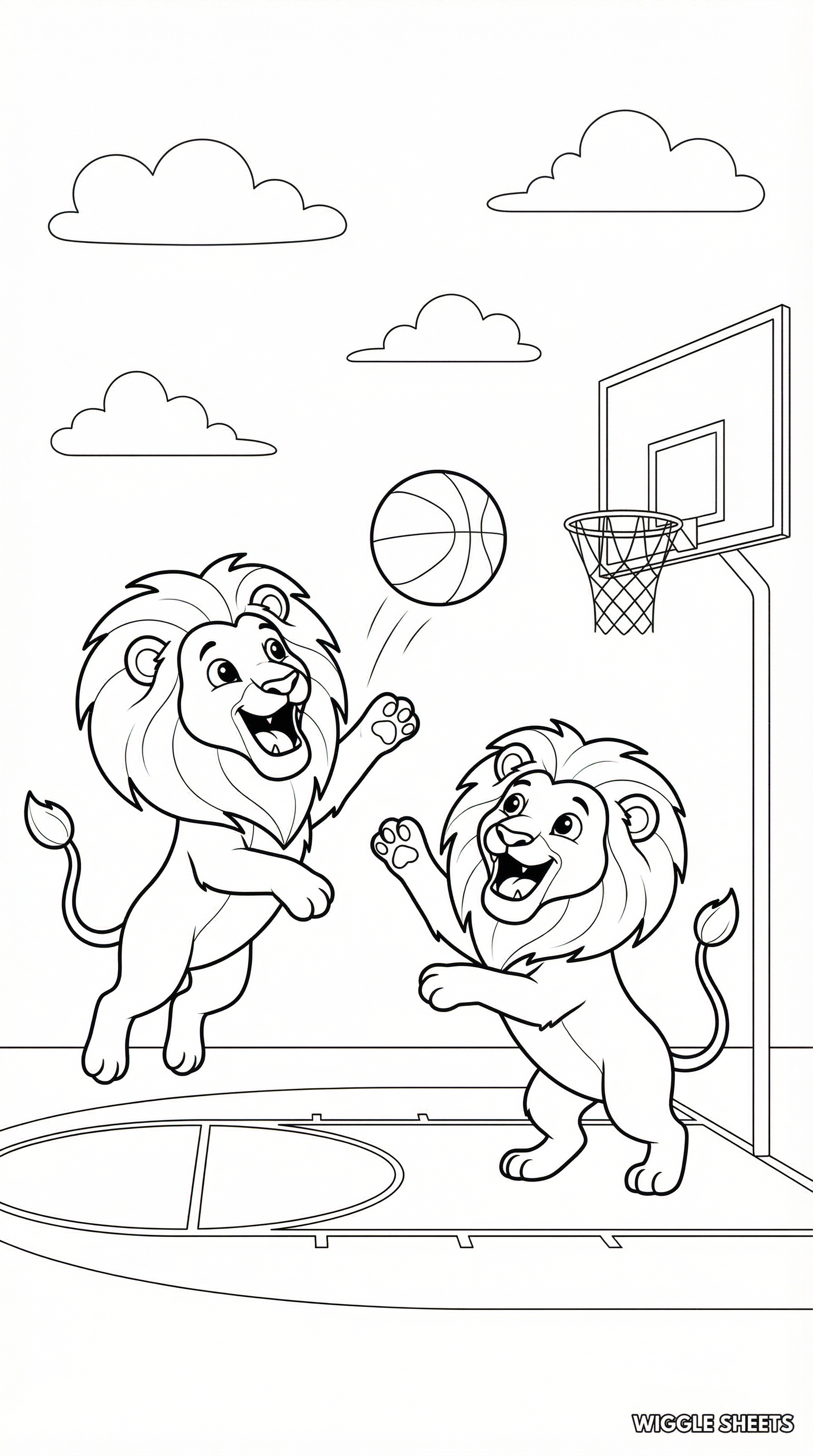 Two Lions Playing Basketball Coloring Page