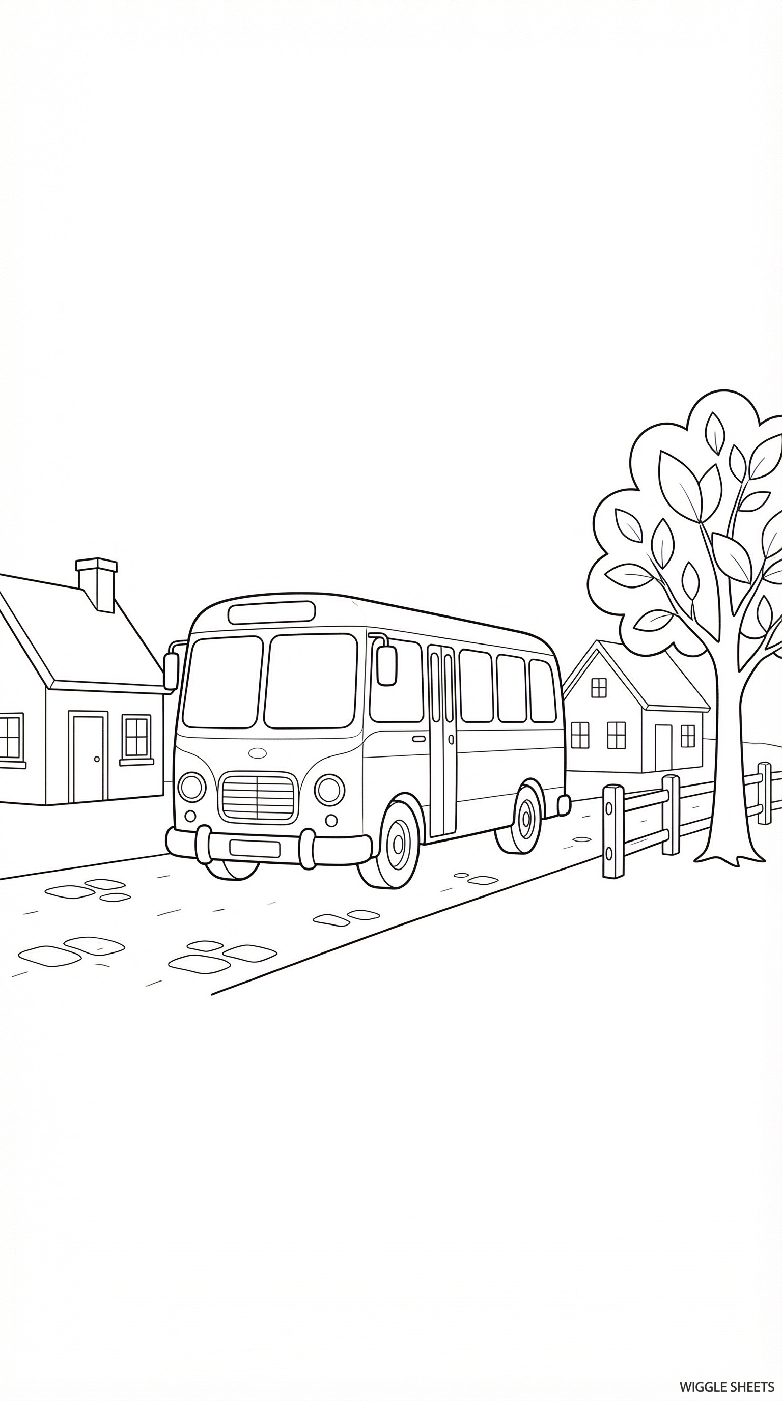 Bus in Village Coloring Page