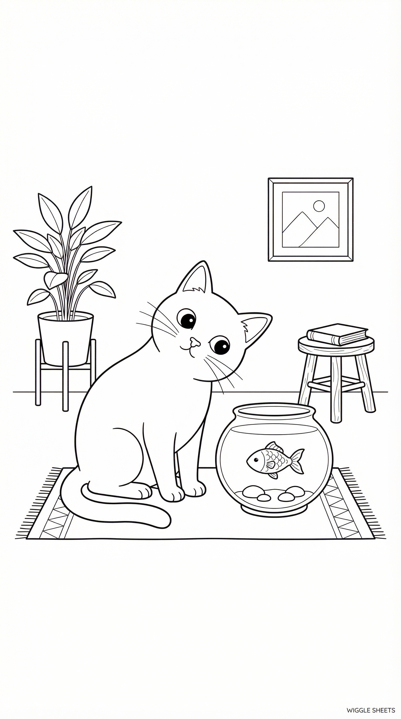 Cat with Fish Coloring Page
