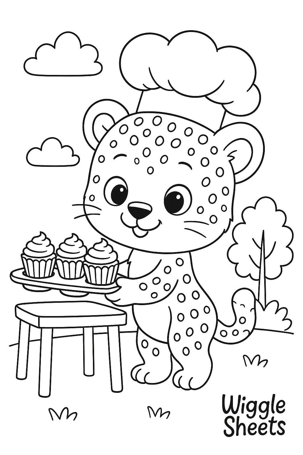 Cute Baby Cheetah Cupcake Chef Coloring Page