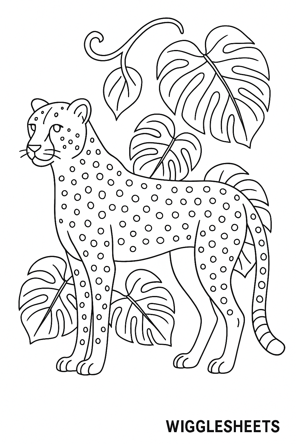 Cheetah and Jungle Leaves Coloring Page