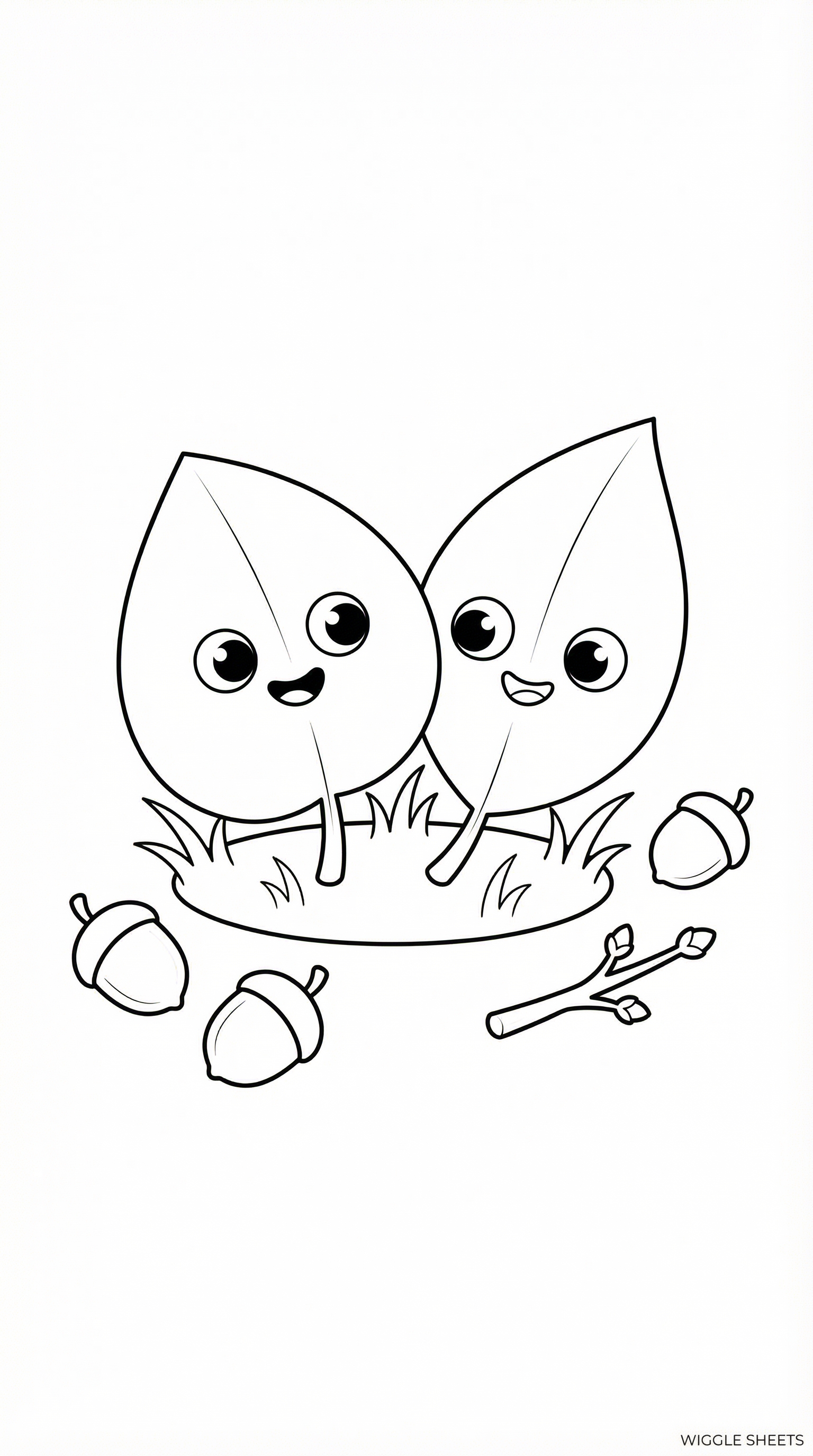 Cute Leaf Faces and Acorns Coloring Page
