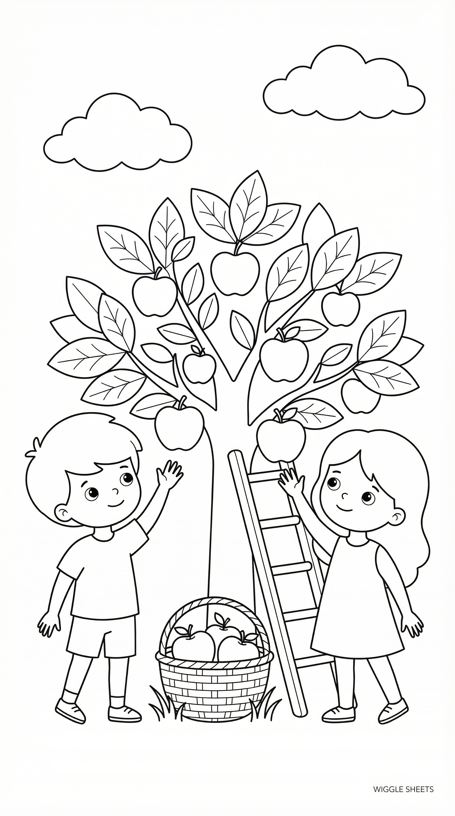 Kids Picking Apples Coloring Page
