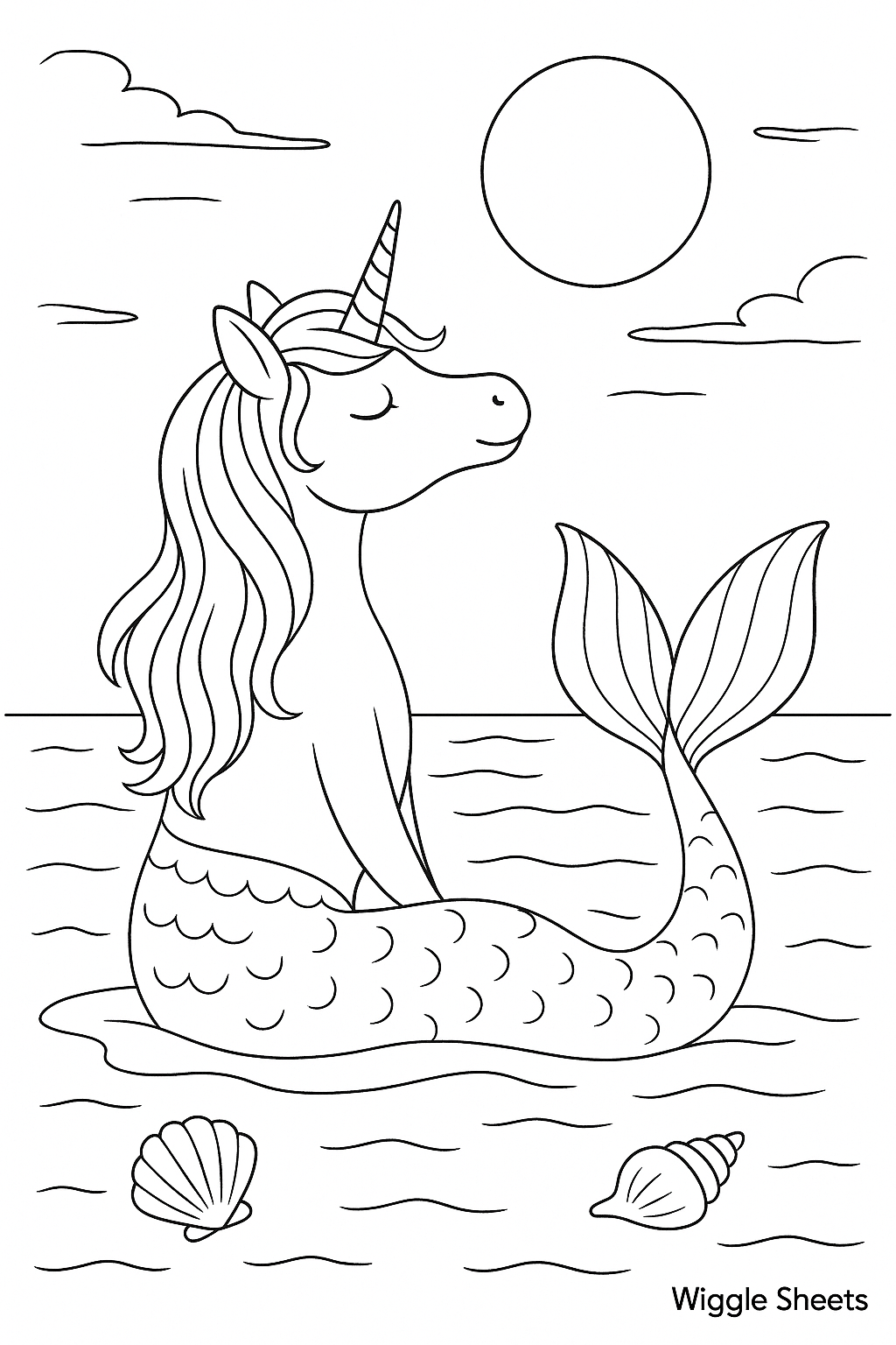 Unicorn Mermaid Under Moonlight Coloring Page