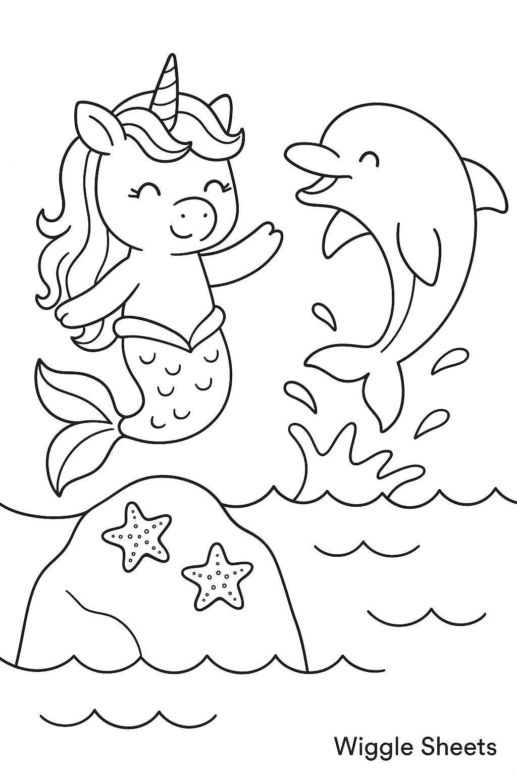 Unicorn Mermaid and Dolphin Coloring Page