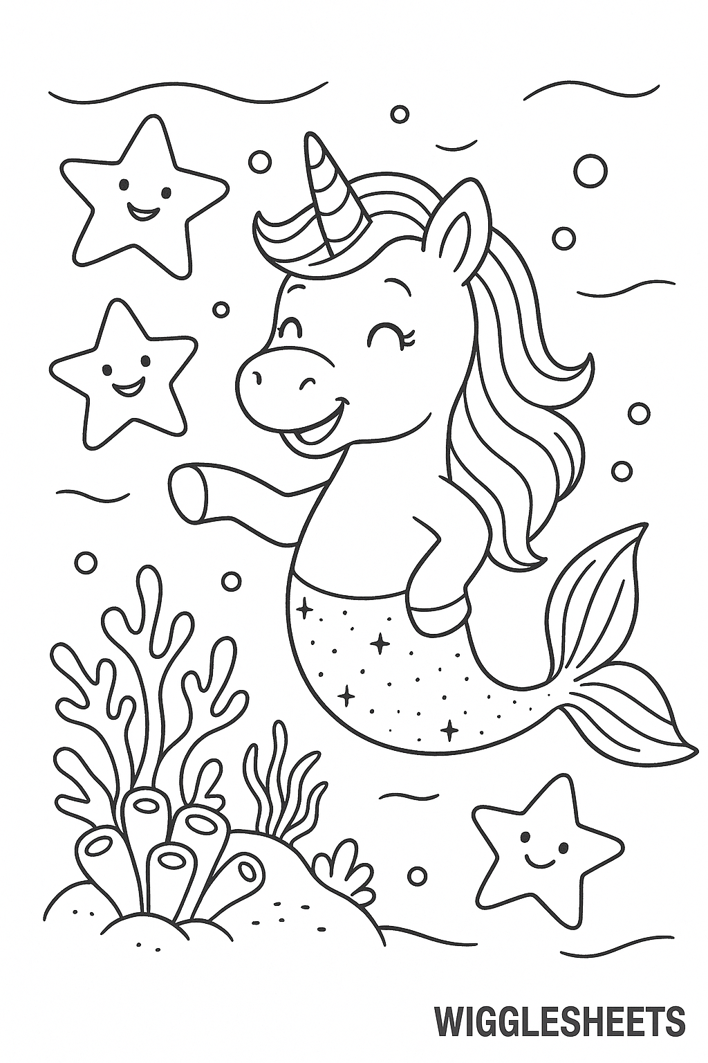Unicorn Mermaid and Starfish Coloring Page