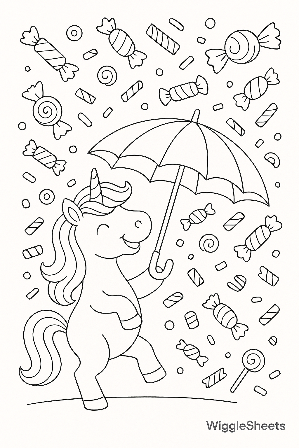 Unicorn Candy Rain Coloring Page