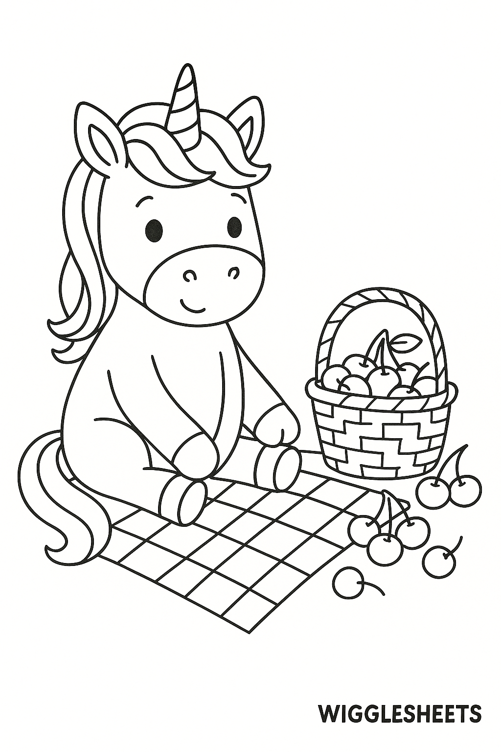 Unicorn Cherry Picnic Coloring Page