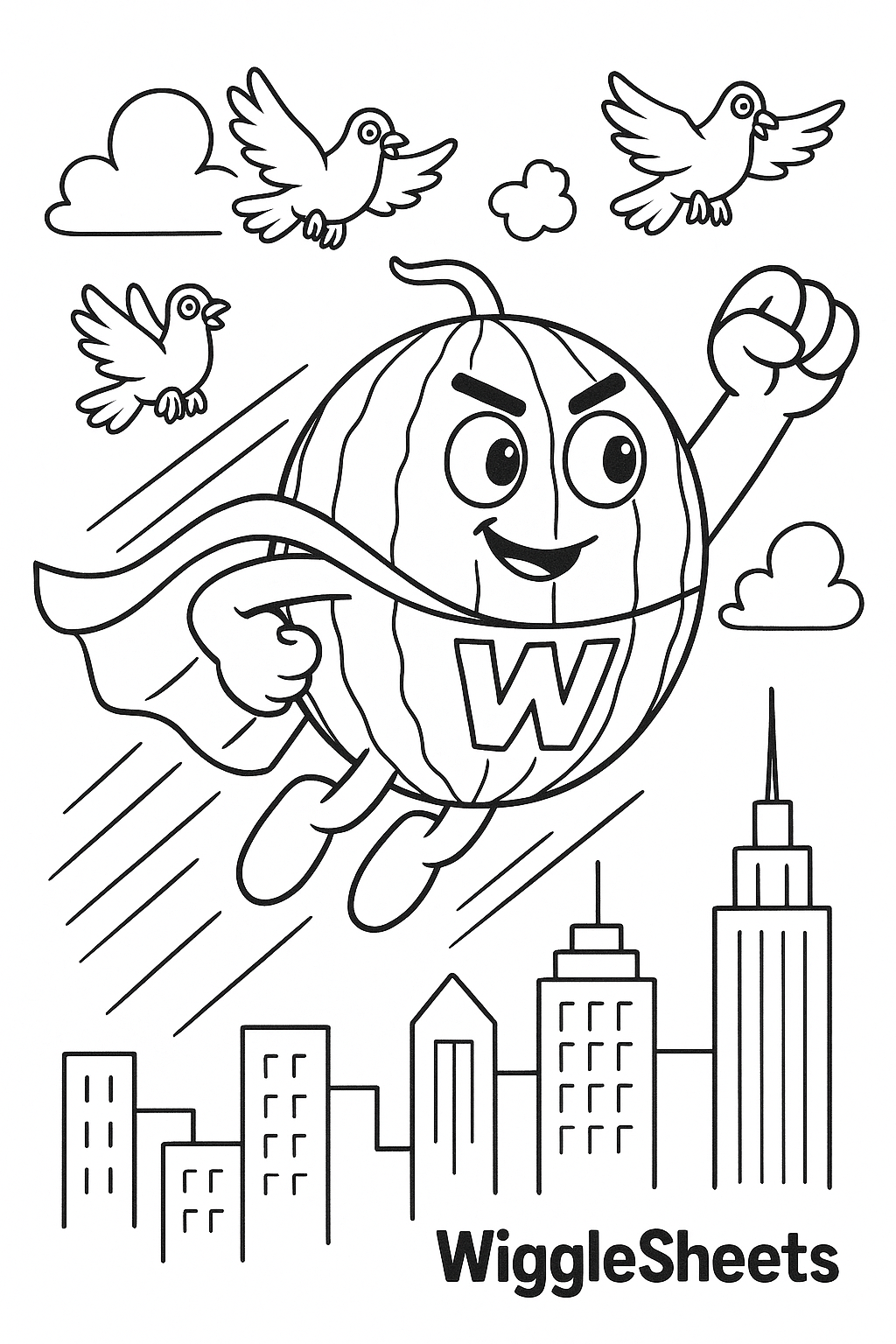 Watermelon Superhero Soar Coloring Page