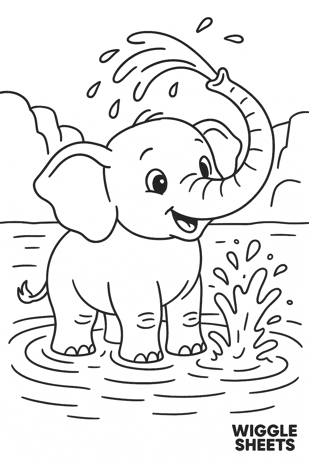 Elephant Calf Water Splash Fun Coloring Page