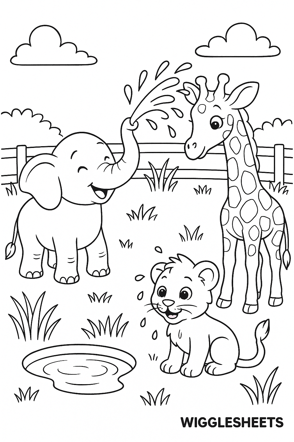 Playful Baby Zoo Animals at the Water Pond Coloring Page