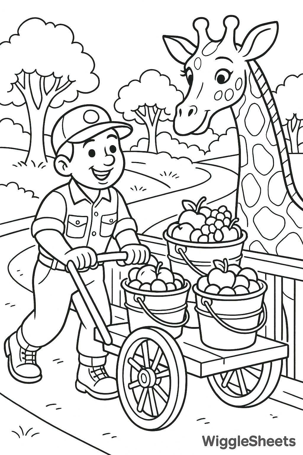 Helpful Zoo Keeper with Feed Cart Coloring Page