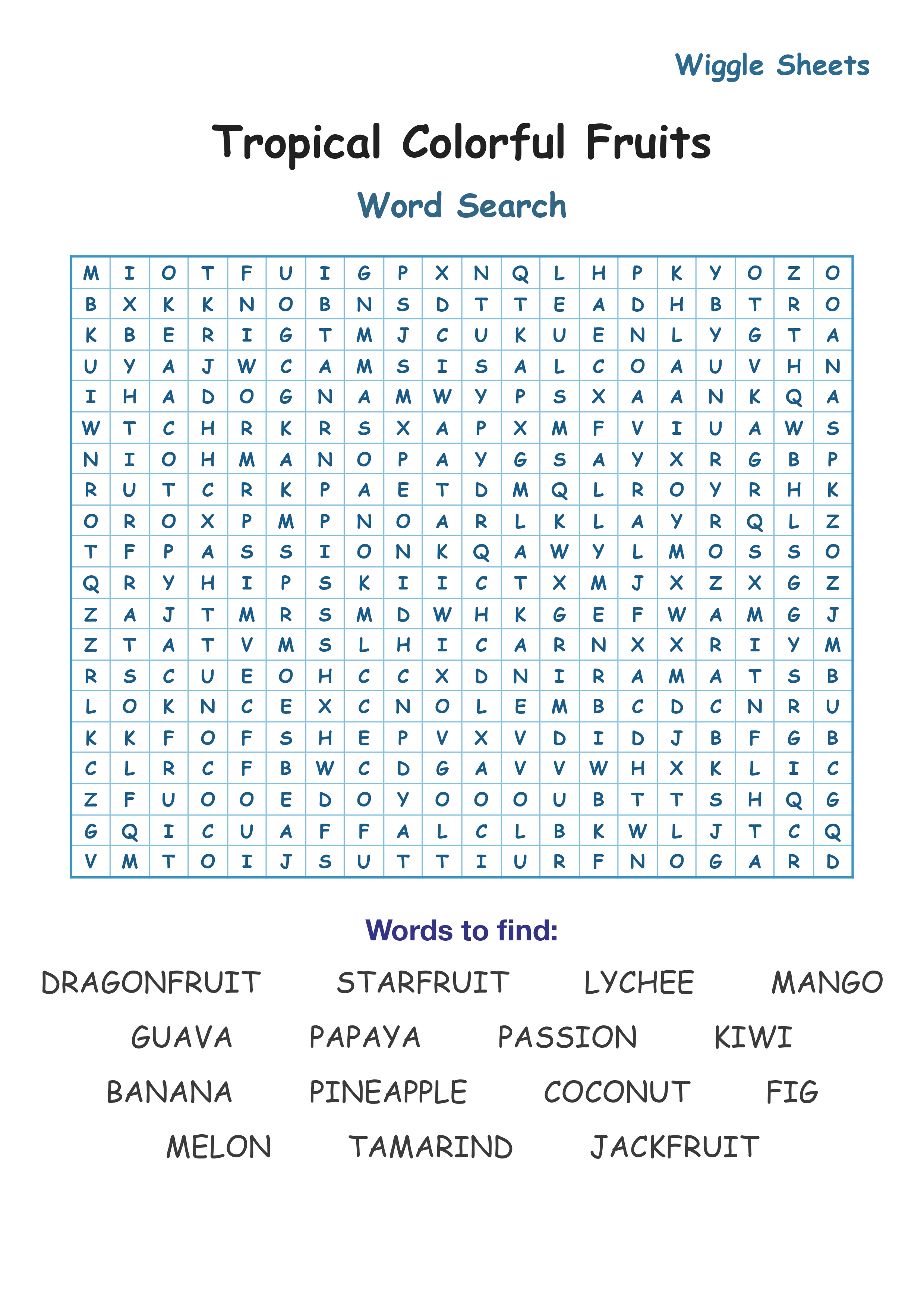 Tropical Colorful Fruits Word Search